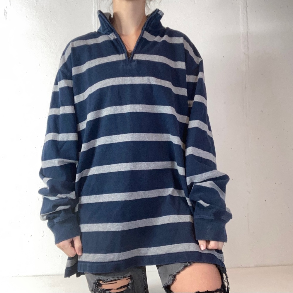 Navy + Gray Striped Quarter Zip Preppy Pullover Sweatshirt